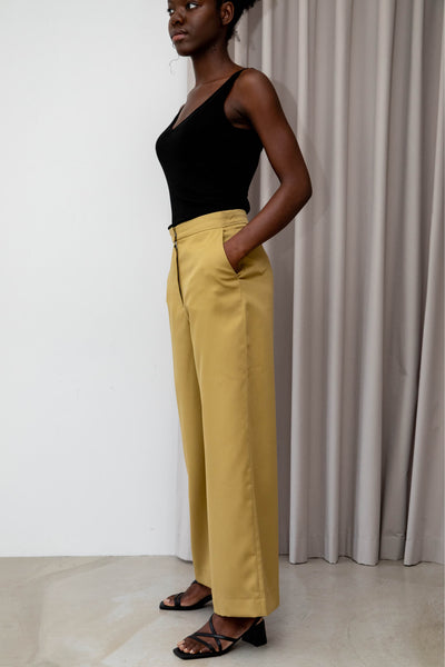 Sustainable Tencel Refibra wide leg pants side #color_amber-moss