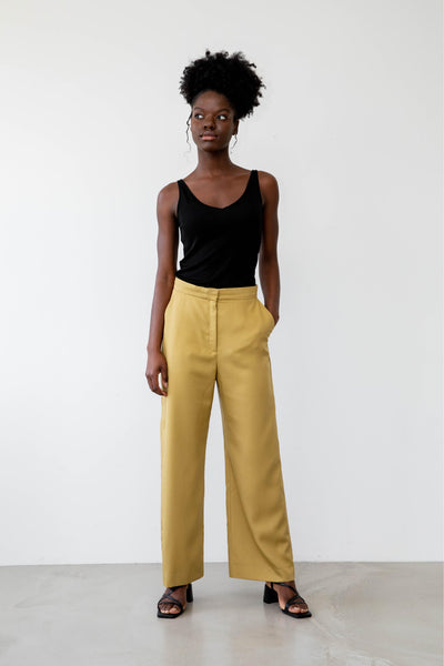 Sustainable Tencel Refibra wide leg pants front #color_amber-moss