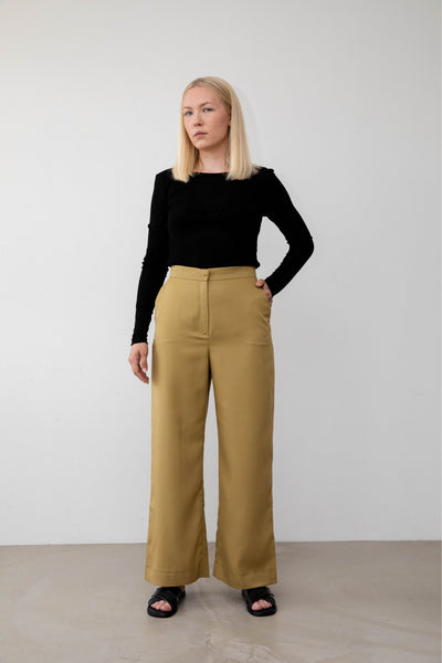 Sustainable Tencel Refibra wide leg pants front #color_amber-moss